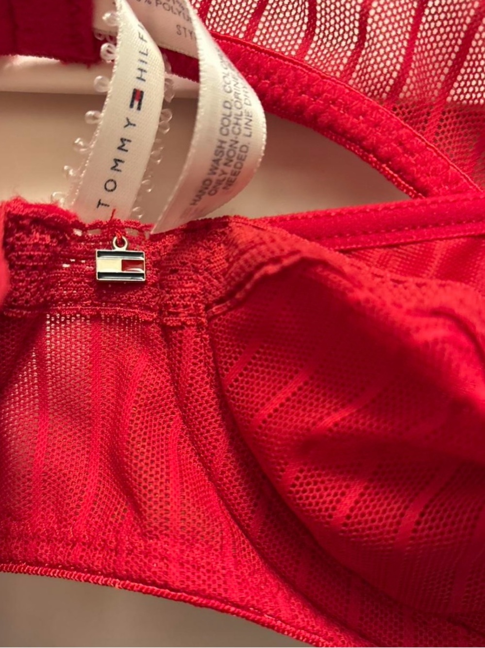 Tommy Hilfiger Bra 34B Red Sheer Mesh Unlined Underwire Balconette Logo Lingerie - Picture 3 of 7